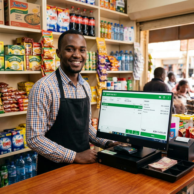 Successful Kenyan shopkeeper using Topaz solutions